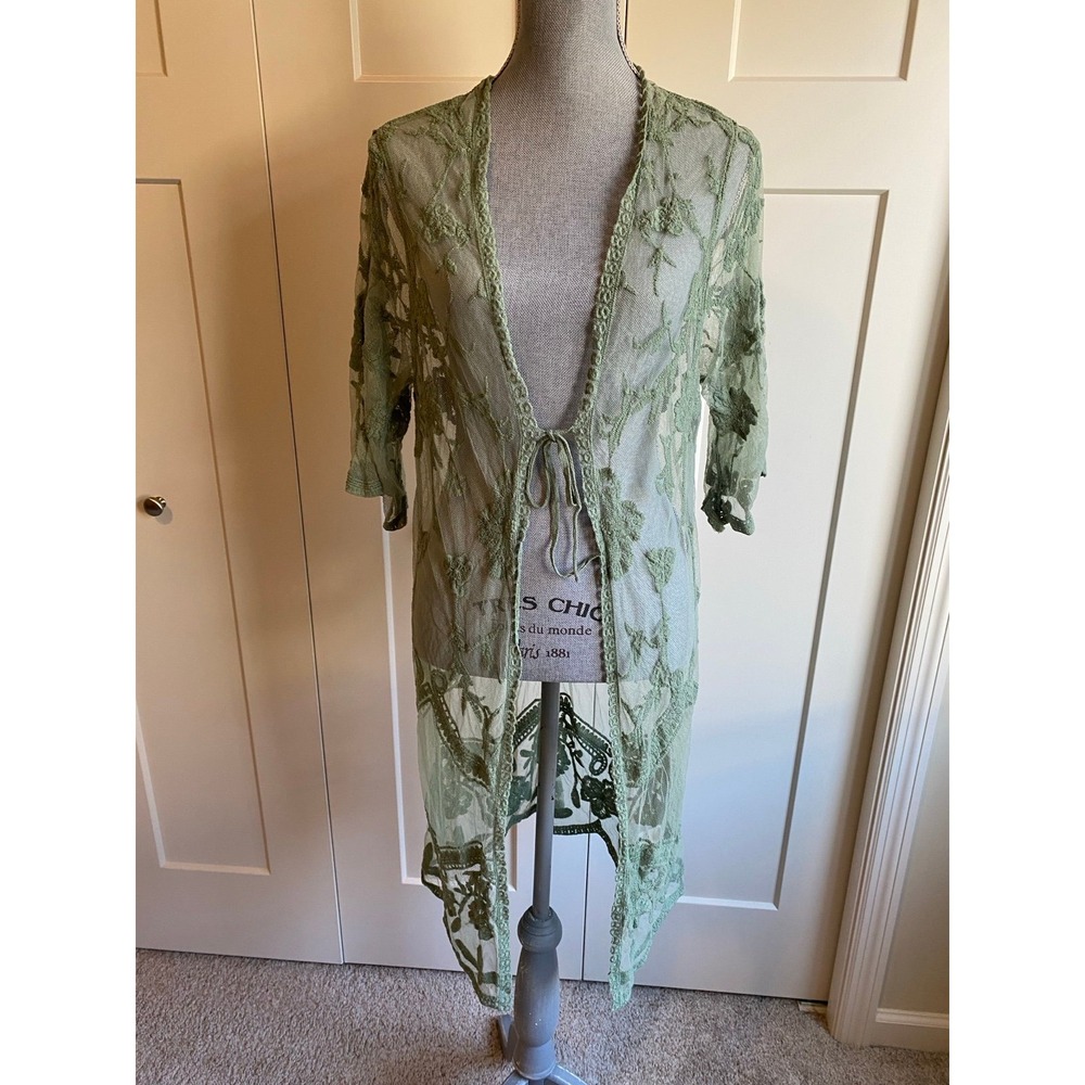 Lace Boho Kimono Duster Sheer Cardigan Mia Ami Green Crochet Festival s56